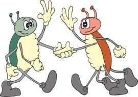 two red and green cartoon beetles shaking hands drawing on white background