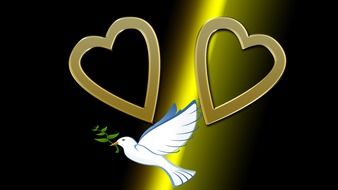 drawing of two hearts and a pigeon