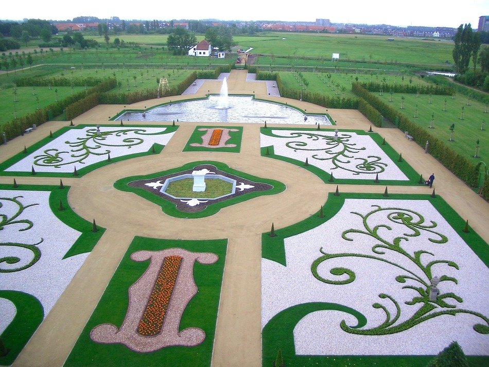 panorama of an intricate garden design in the netherlands