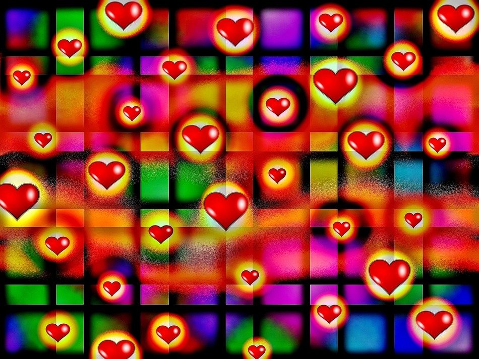 background with colored squares and hearts