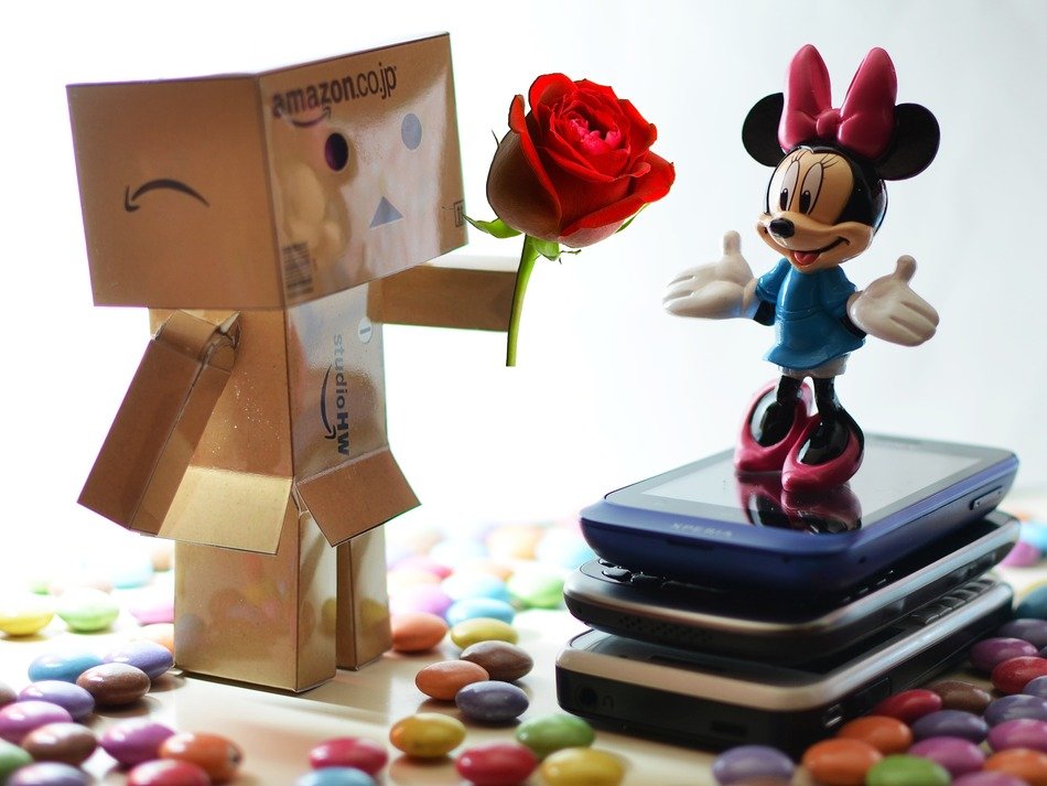Danbo with a rose near the mini-mouse among sweets