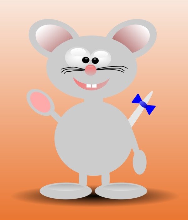 drawing of a gray mouse with a bow on the tail