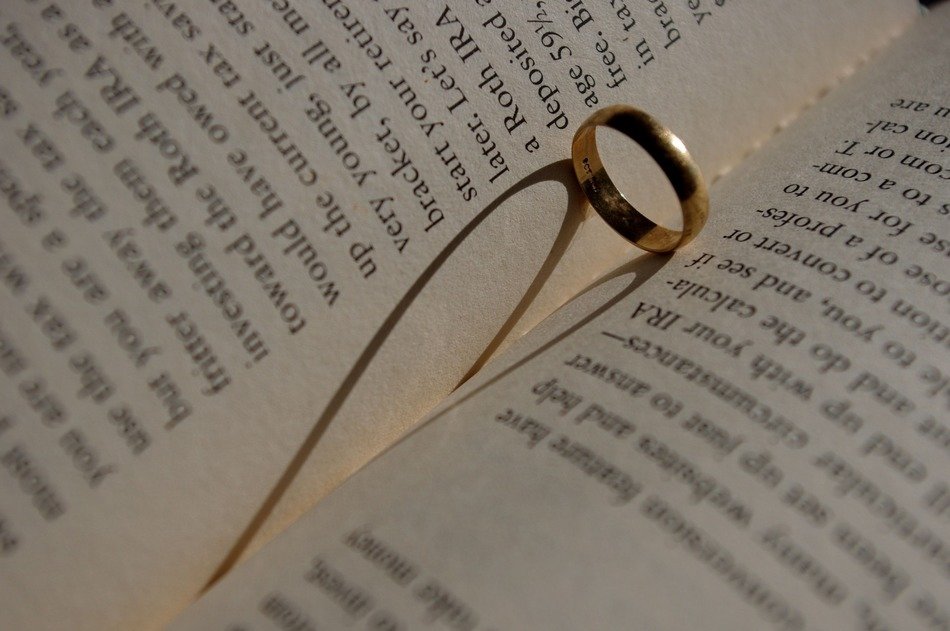 gold ring on an open book close up