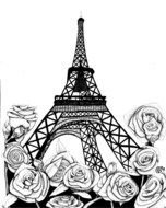 Eiffel Tower at rose flowers, Drawing