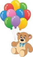 painted teddy bear with a blue bow and colorful balloons