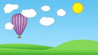 purple hot air balloon in flight at Sunny Day, drawing