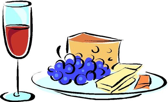 drawing of a glass of wine next to a cheese plate