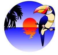 drawn toucan on a branch against the backdrop of a tropical sunset