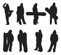 black silhouettes of snowboarders