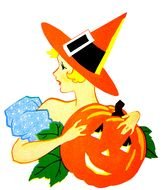 drawing of a witch with a pumpkin in her hands