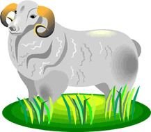 drawing of a sheep with horns in a green meadow