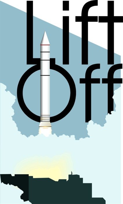 Lift Off, vintage poster with Rocket