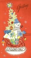 snowman and christmas tree on greeting card