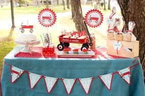 cookies with Little Red Wagon label on table outdoor