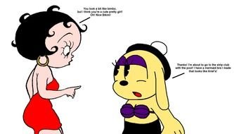 Betty Boop and anthropomorphic female rabbit talking about strip club