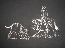 drawing of a rider on a horse near a wolf on a black background