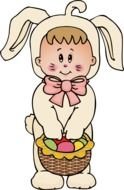 Cartoon child in the bunny costume with the basket of Easter Eggs clipart