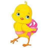 yellow chicken with pink ribbon