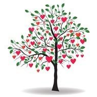 Tree With red hearts among green Leaves