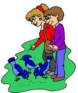 drawn cartoon couple is feeding birds