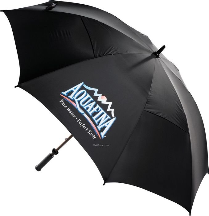 black umbrella with a logo on a white background