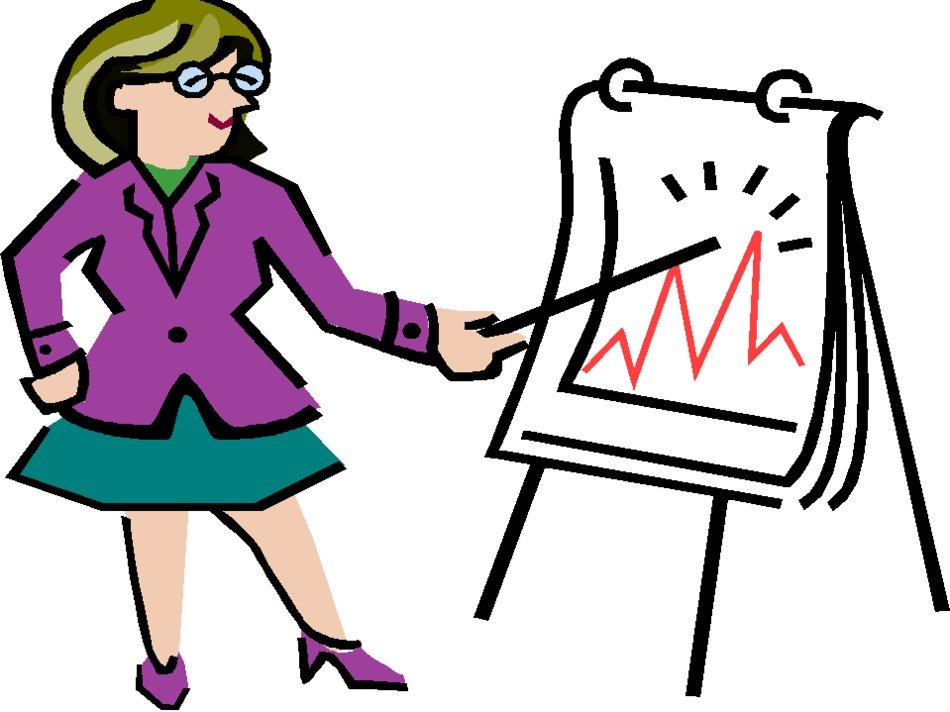 Presentation, cartoon woman with pointer at board