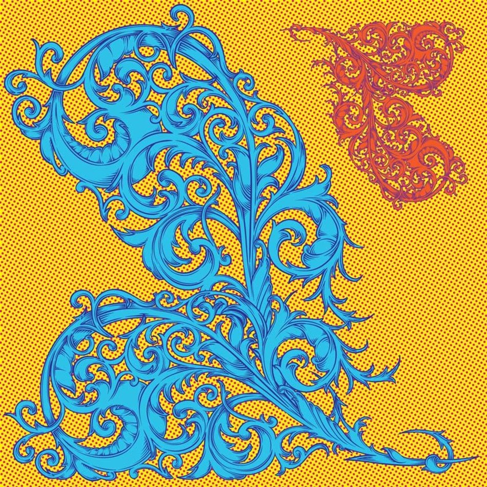 blue and red pattern on a yellow background