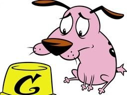 cartoon pink puppy and yellow bowl
