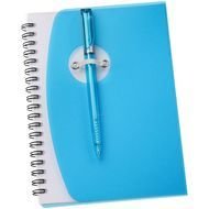 blue spiral notebook with a pen