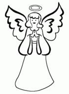 black and white drawing of an angel with wings and a halo