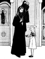 painted priest and girl at the altar