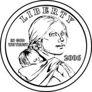 face of liberty Coin, Sacagawea Dollar, Black And White drawing
