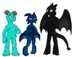 drawn three cartoon multicolored monsters