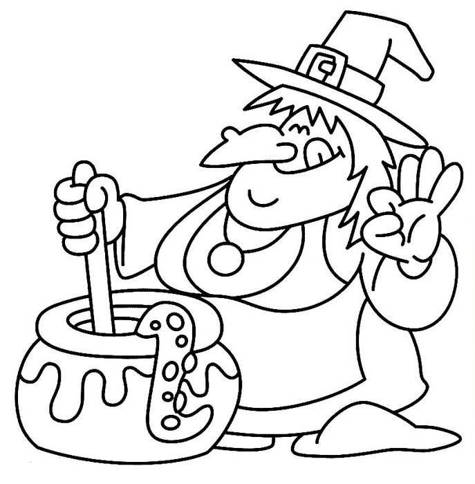 black and white picture of a witch near the boiler for coloring