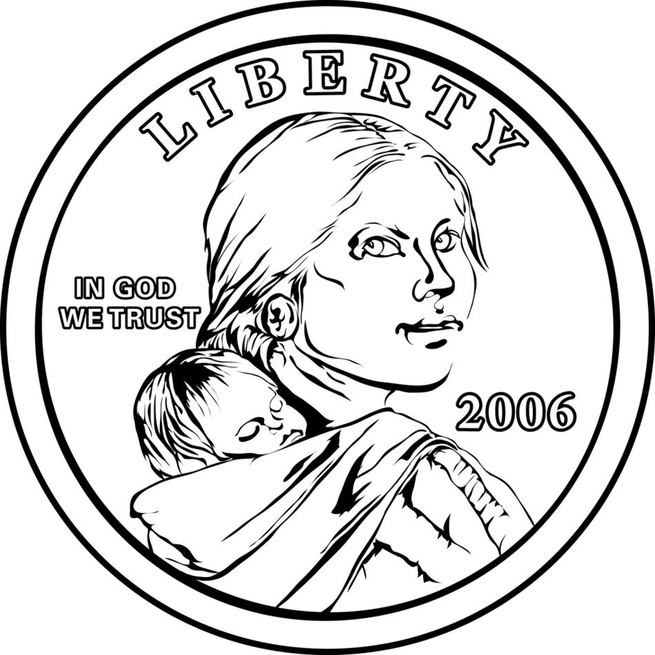 face of liberty Coin, Sacagawea Dollar, Black And White drawing