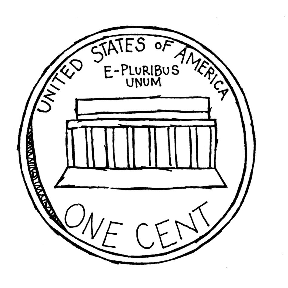 one us cent coin, Black And White drawing
