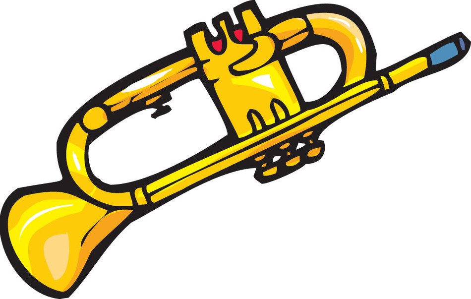 painted yellow musical trumpet on a white background