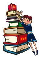 child boy leaning to high stack of books, drawing
