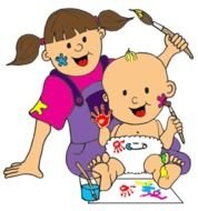 Summer Babysitting, happy child girl and baby boy painting