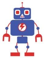 blue robot with symbol on a white background