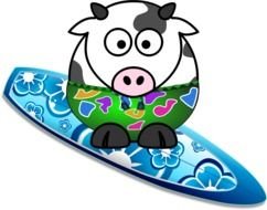 cartoon cow on the surfboard