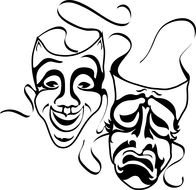 Theater symbol, comedy and Drama Masks, black and white drawing