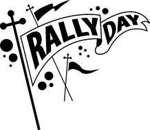 Rally Day, black and white banner