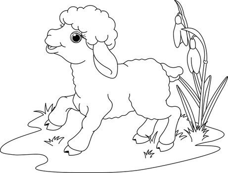 Black and white drawin of the sheep in the water near the plants clipart