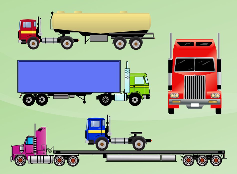 collage of painted multi-colored trucks