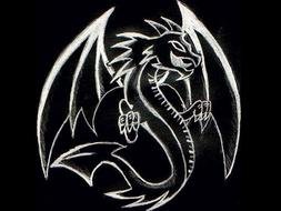 white sketch of a dragon on a black background