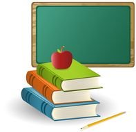 stack of books with an apple on the background of the school board