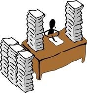 Screen Beans character sits at table between stacks of papers