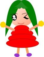 drawing of a girl with green hair and a red dress