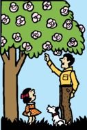 graphic image of a man, girl and dog under a tree